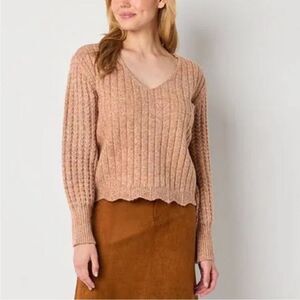 Frye & Co. Long Sleeve Ribbed Knit Textured V-Neck Pullover Sweater